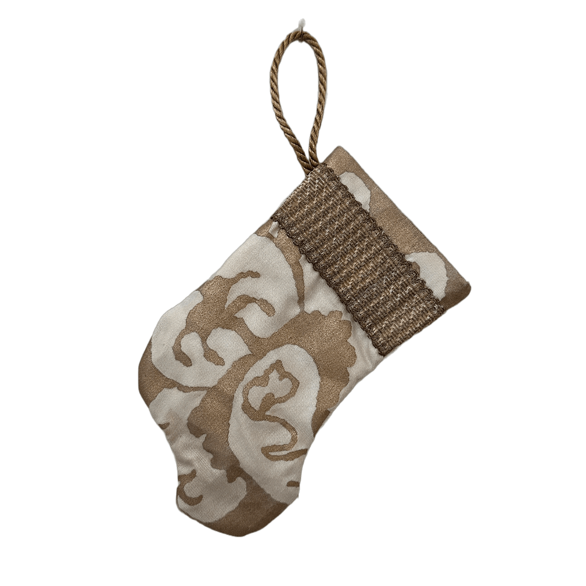 Handmade Mini Stocking Ornament from Antique & Vintage Textiles, Trims | White and Gold Fortuny Ornament B. Viz Design D 