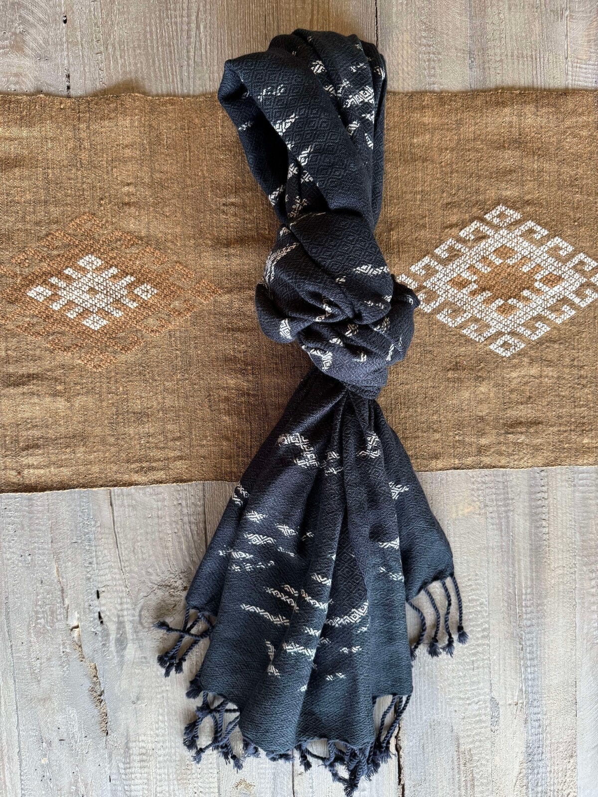 Handwoven Indigo and Ebony Cotton Scarf from Thailand Scarf Baanpueng Handmade Shop E 