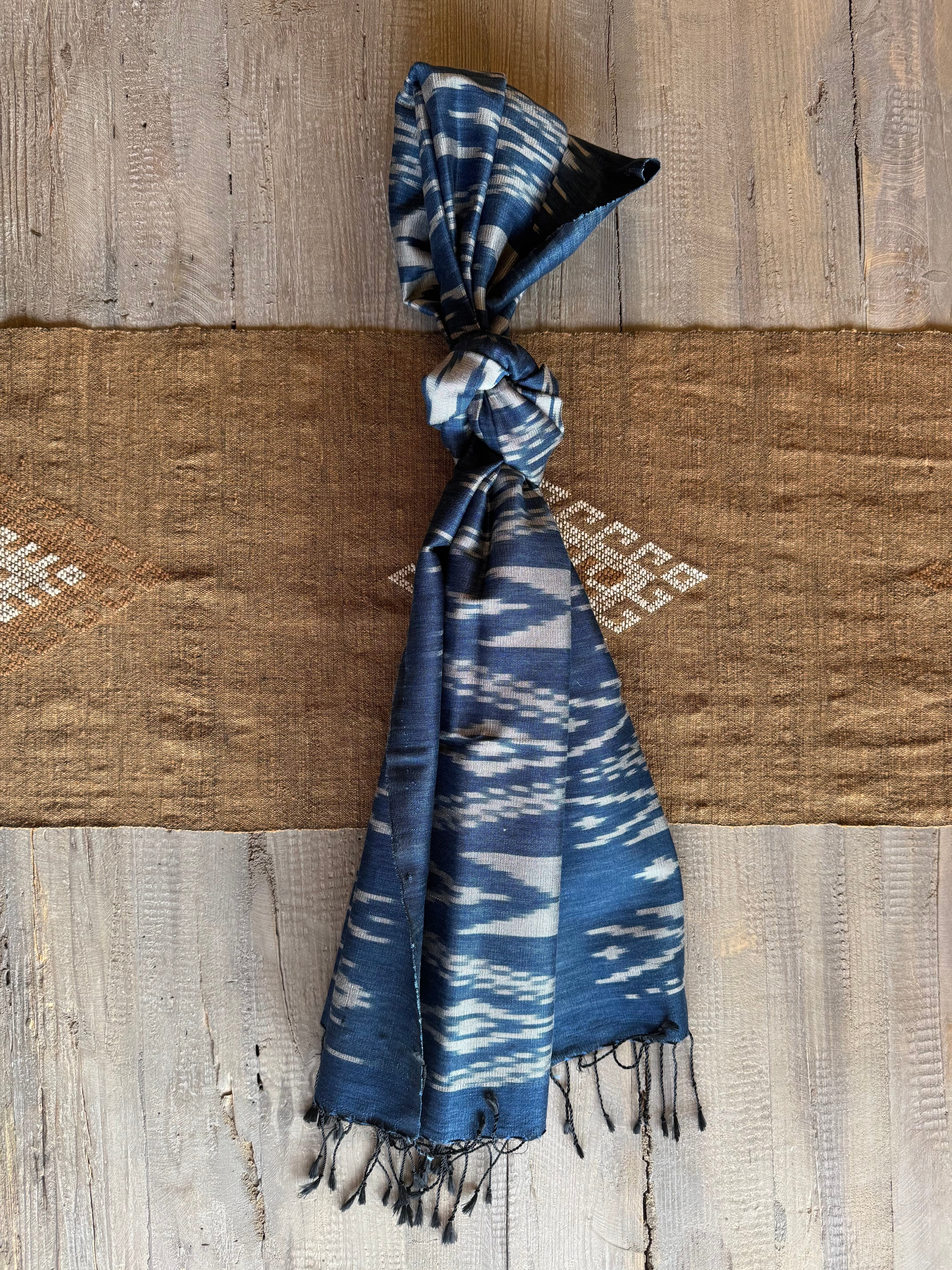 Handwoven Indigo and Ebony Silk Scarf from Thailand Scarf Baanpueng Handmade Shop D 