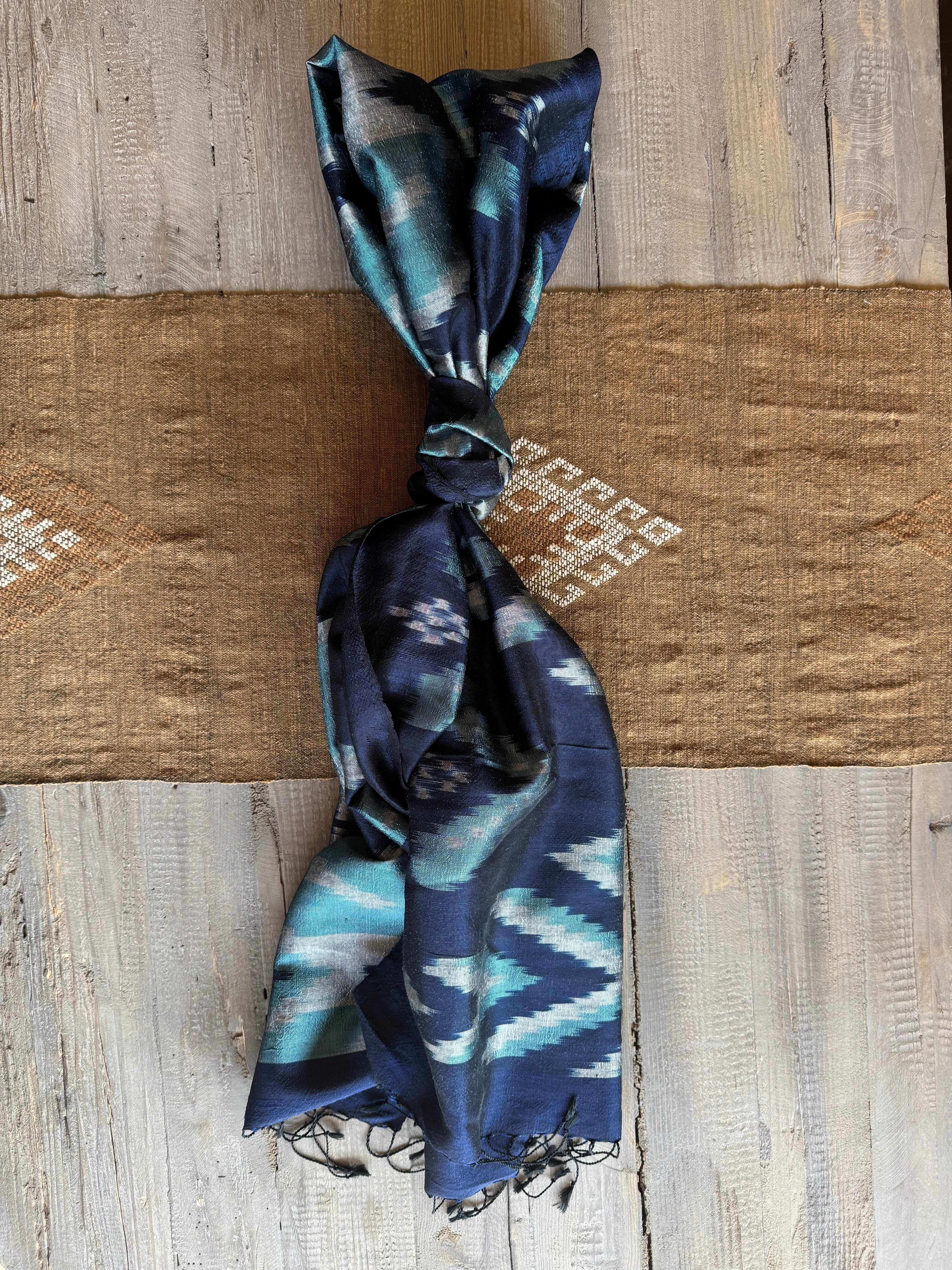 Handwoven Indigo and Ebony Silk Scarf from Thailand Scarf Baanpueng Handmade Shop H 