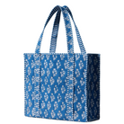 Blue tote bag with white floral pattern on a light blue background