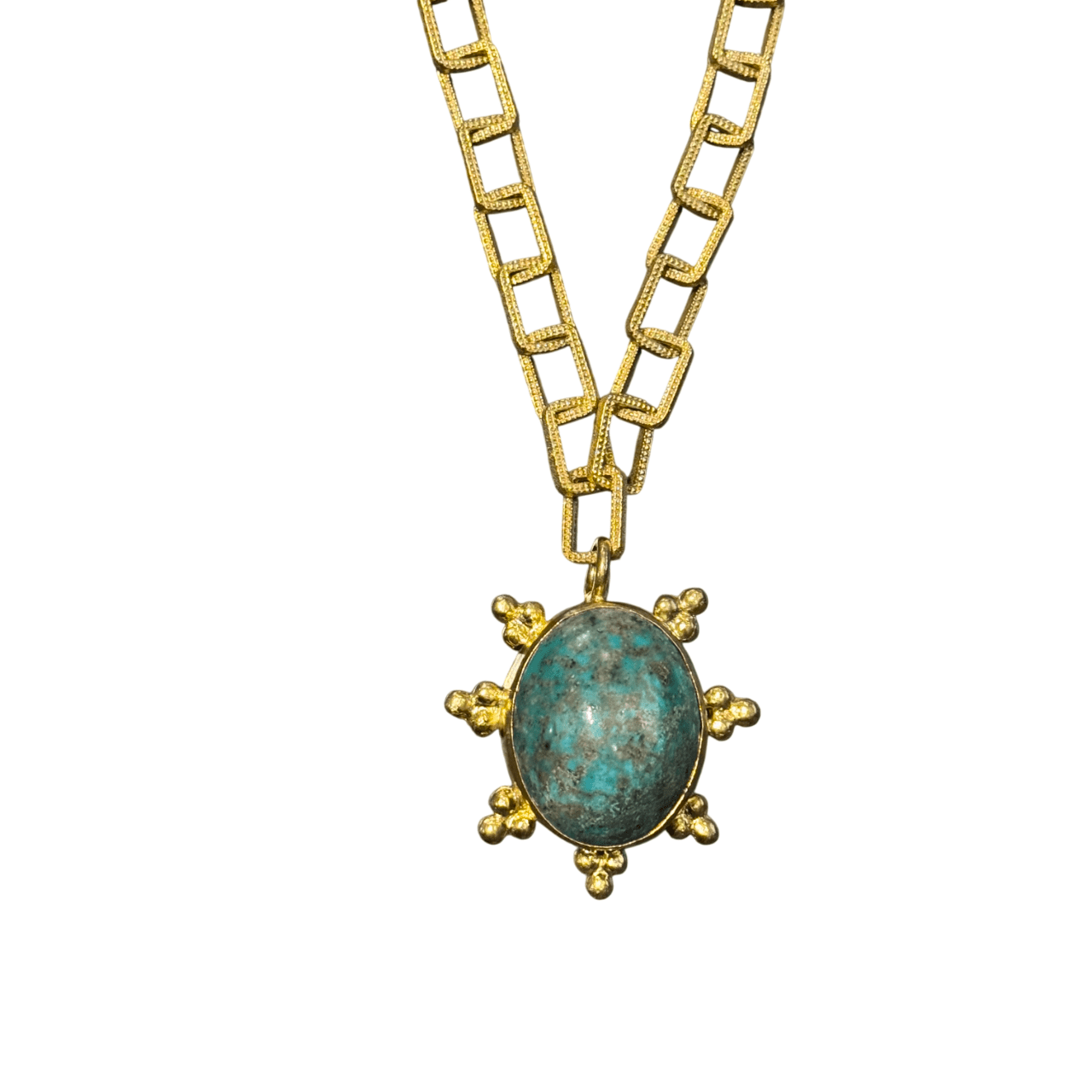 Large Turquoise Pendant on Rectangular Gold Chain Necklace Eyup Gunduz 
