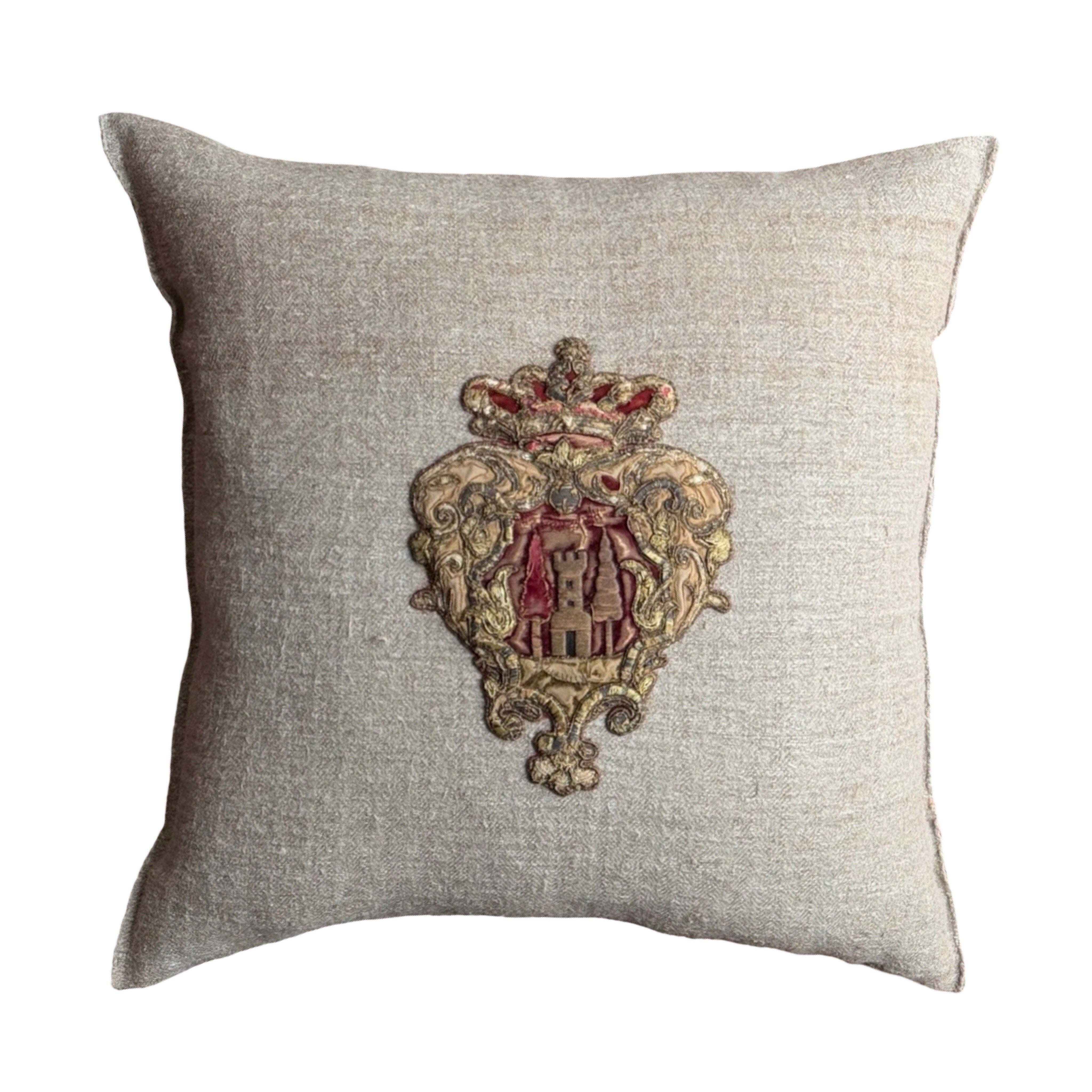 Late 18th or Early 19th C. European Heraldic Applique (#A021326 | 20 x 20") New Pillows B. Viz Design 
