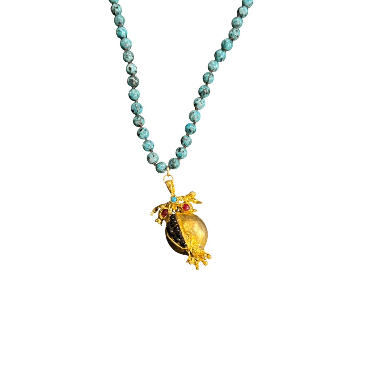 Long Turquoise Beaded Necklace with Pomegranate Pendant Necklace Eyup Gunduz 