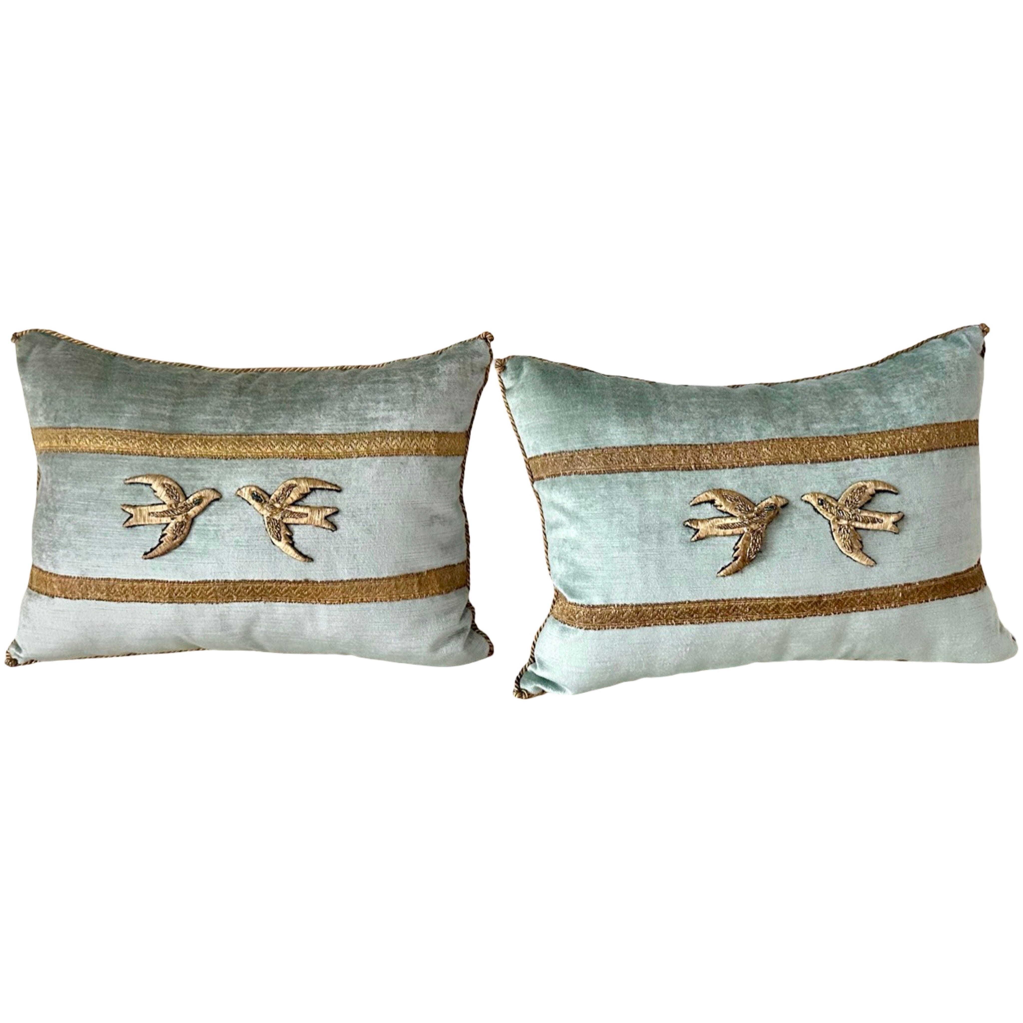 Mid 20th C. Raised Gold Metallic Embroidery (#E042225A&B | 11.5 x 16") New Pillows B. Viz Design 