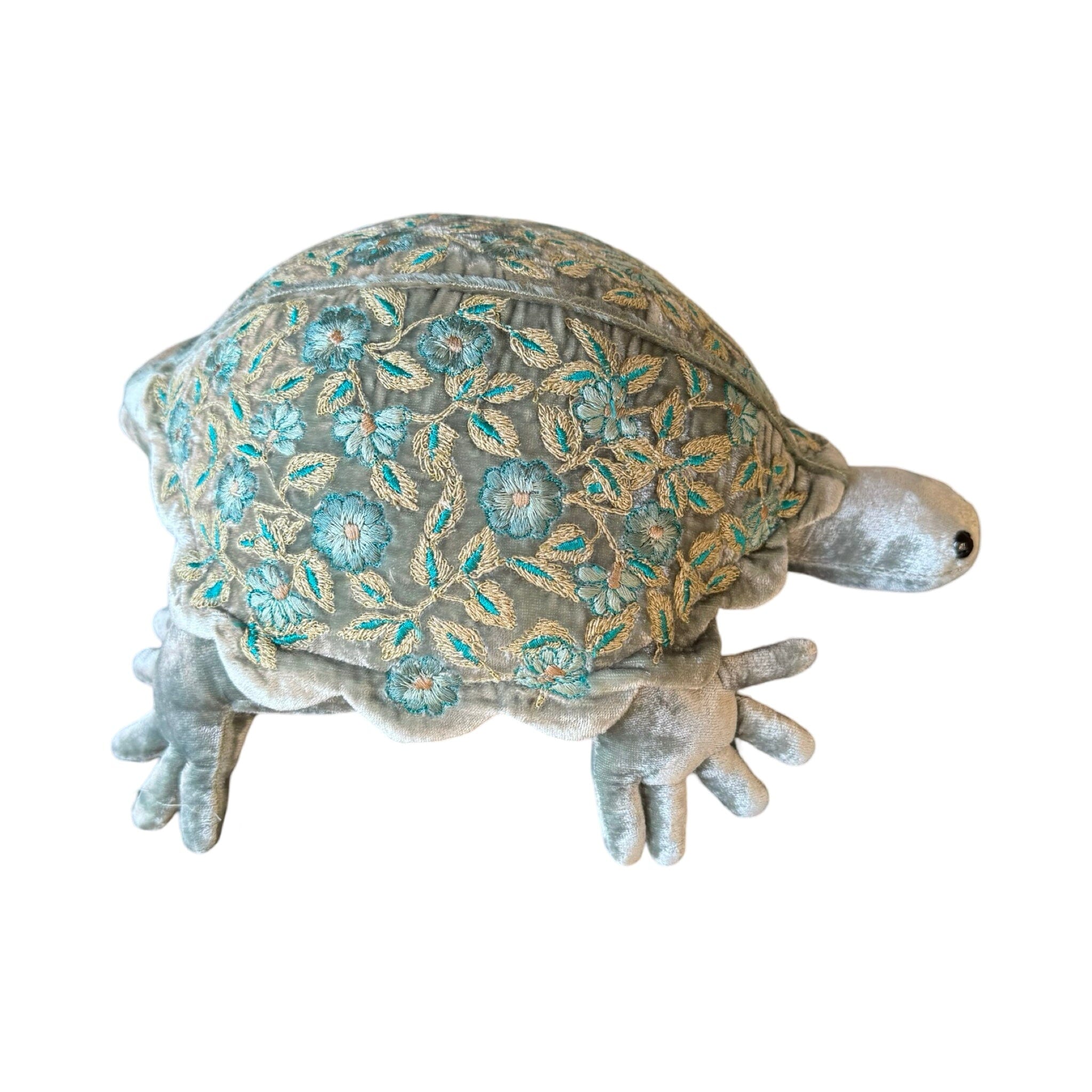 MOIRA Hand Embroidered Silk Velvet Perfect Blue Small Turtle Objet d'Art Anke Drechsel 