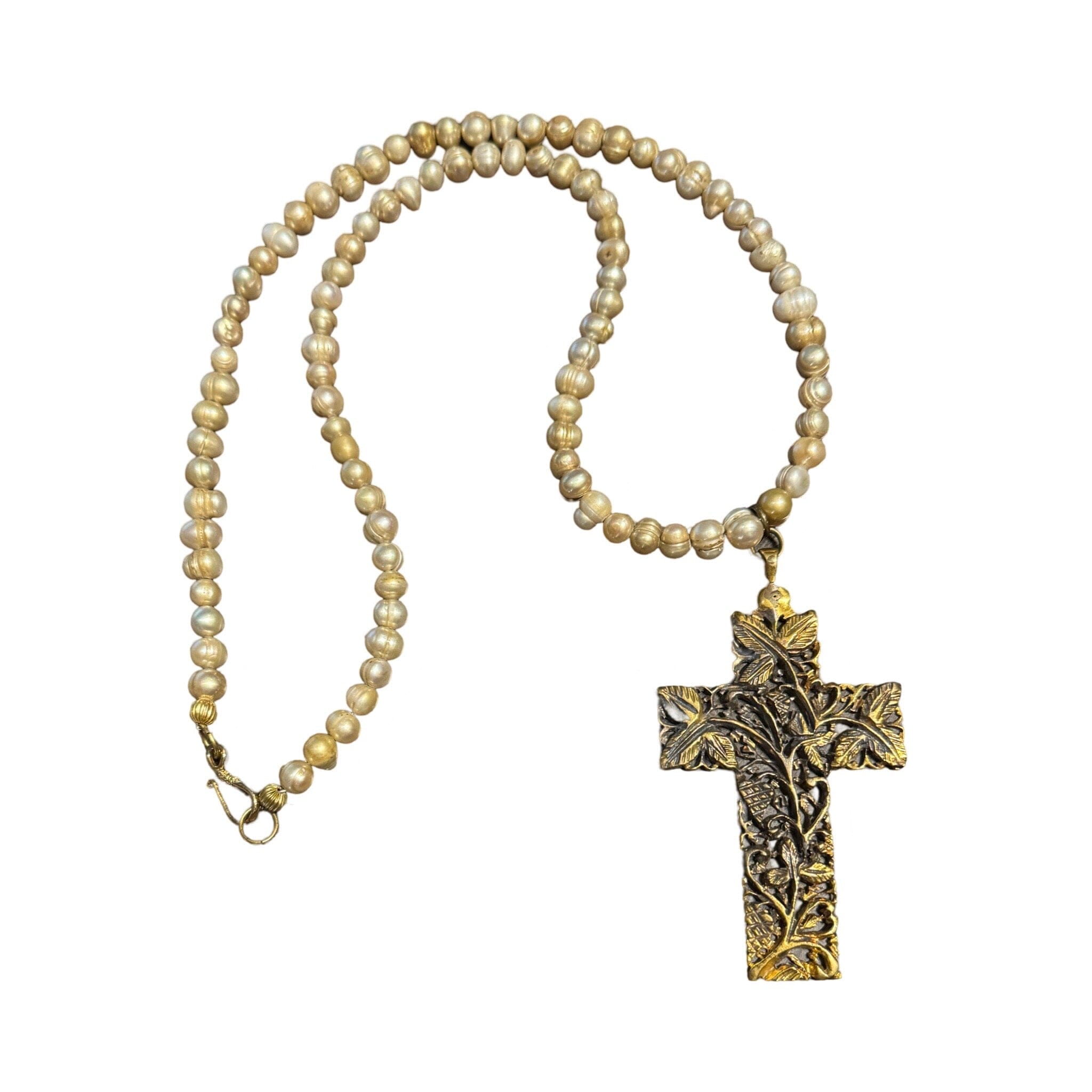 Pearl Necklace with Vintage Cross Pendant with a Depiction of Ivy Bracelet Eyup Gunduz 