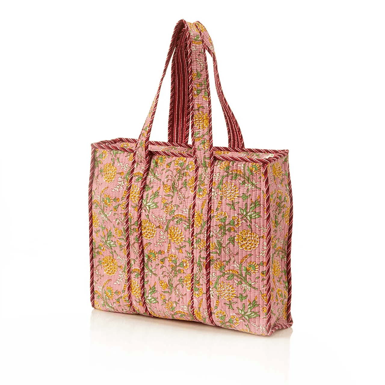 Quilted Block Print Cotton Travel Tote Tote Serrv International Marigold Blush 