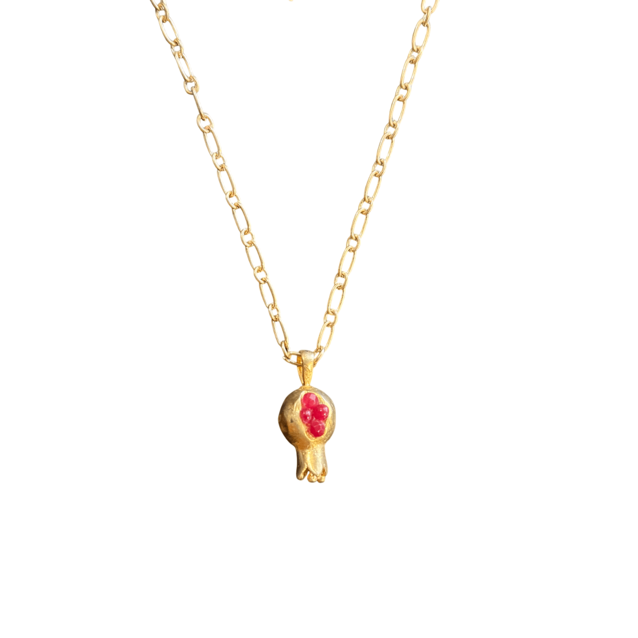 Simple Gold and Red Pomegranate Pendant on Gold Chain Necklace Eyup Gunduz 