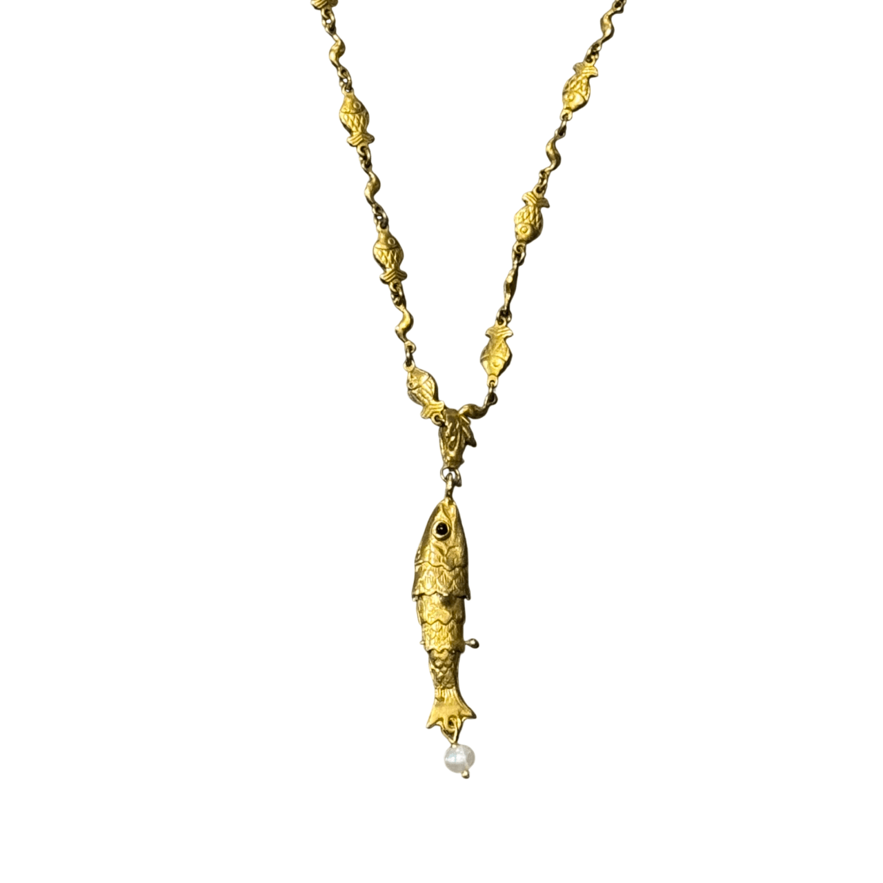 Small Gold Fish Pendant with Pearl on Fish Chain Necklace Eyup Gunduz 
