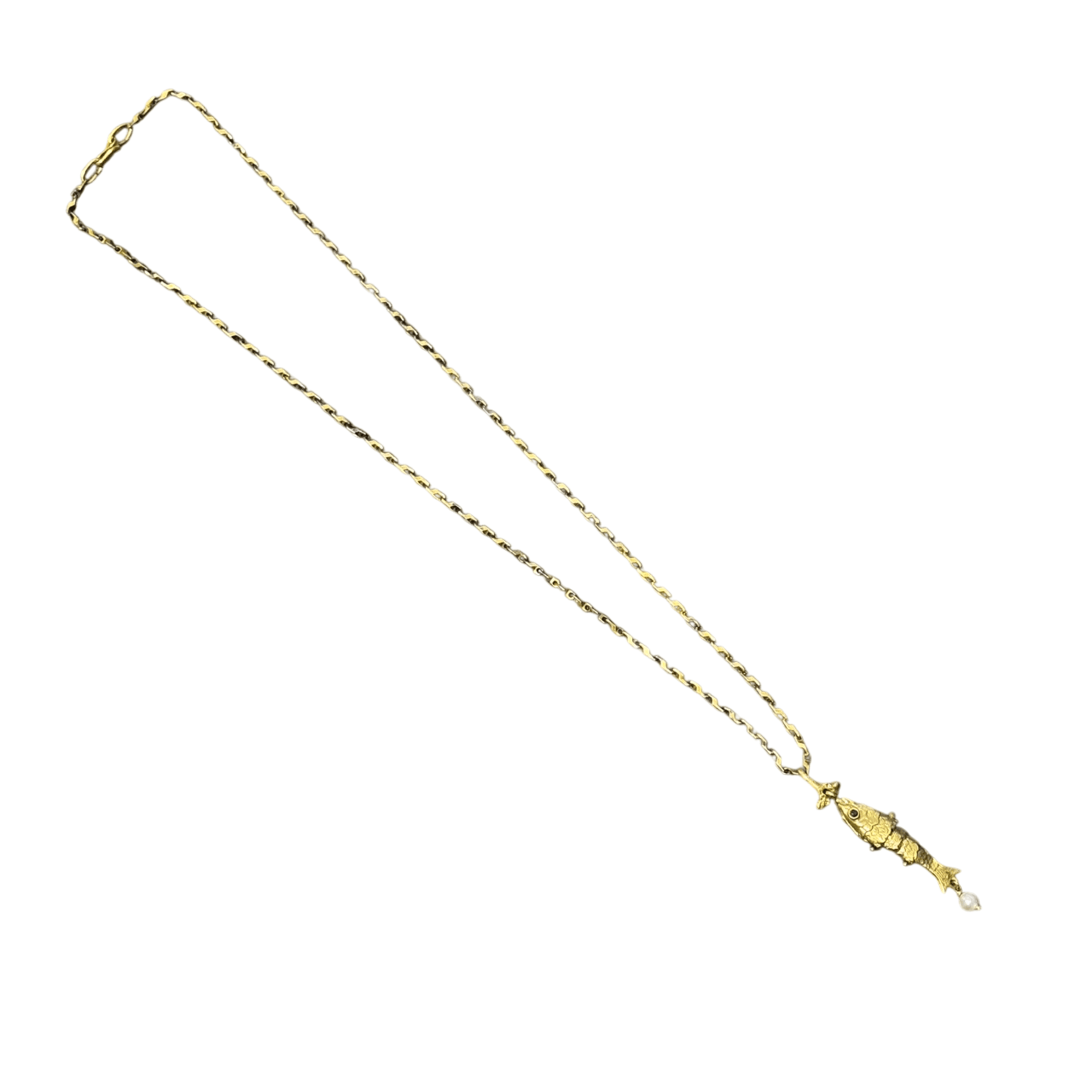 Small Gold Fish Pendant with Pearl on Geometric Chain Necklace Eyup Gunduz 