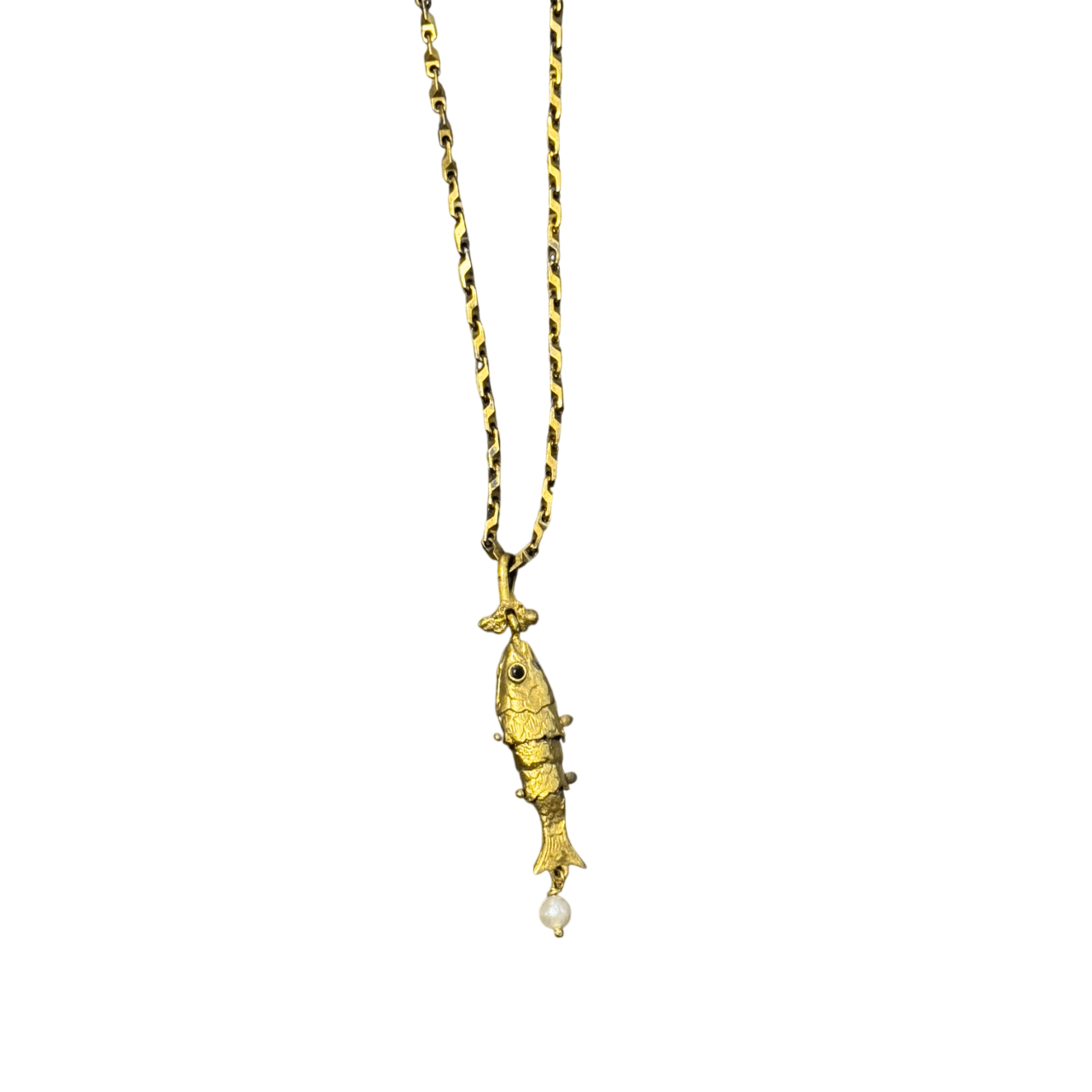 Small Gold Fish Pendant with Pearl on Geometric Chain Necklace Eyup Gunduz 
