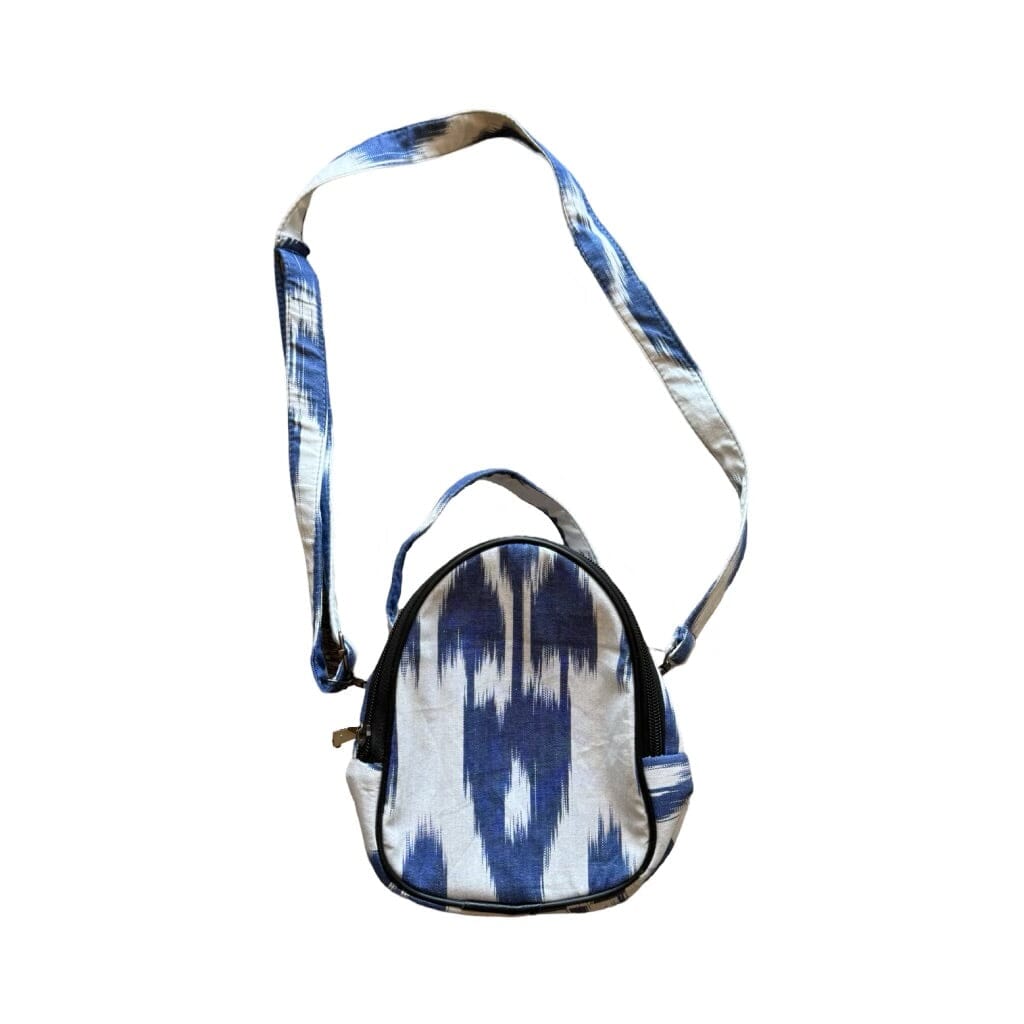 Small Ikat Satchel Purse with Two Zipper Pockets Purse Fergana Aziz Blue and White 