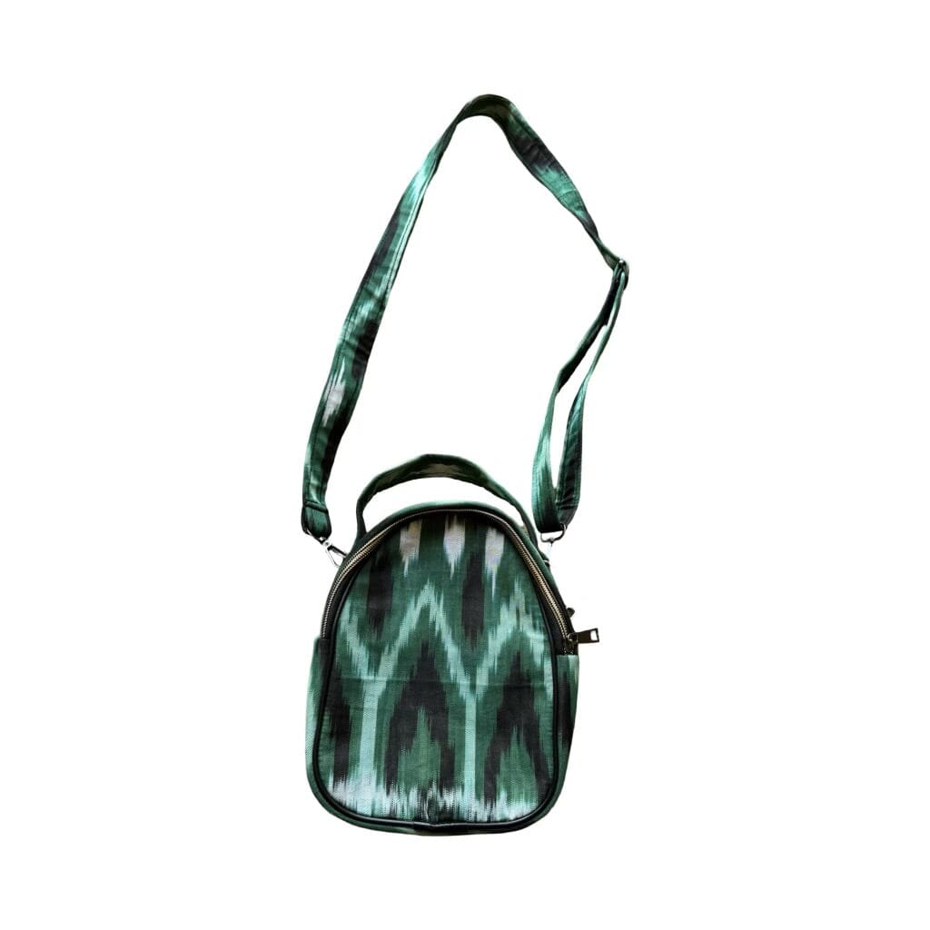 Small Ikat Satchel Purse with Two Zipper Pockets Purse Fergana Aziz Green and Black 