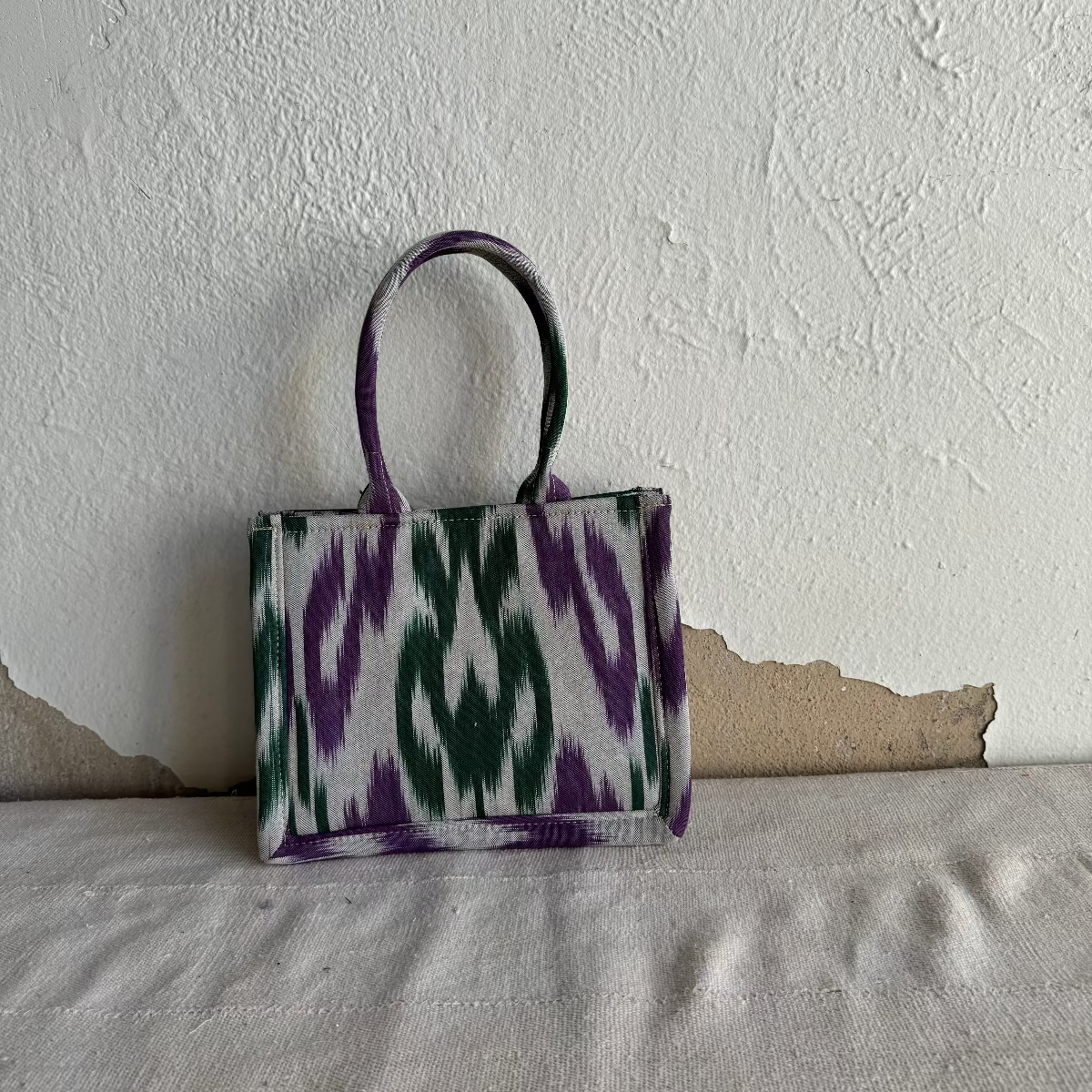 Small Square Silk Ikat Purse from Uzbekistan Tote Fergana Aziz Green and Purple 