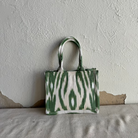 Small Square Silk Ikat Purse from Uzbekistan Tote Fergana Aziz Green and White 