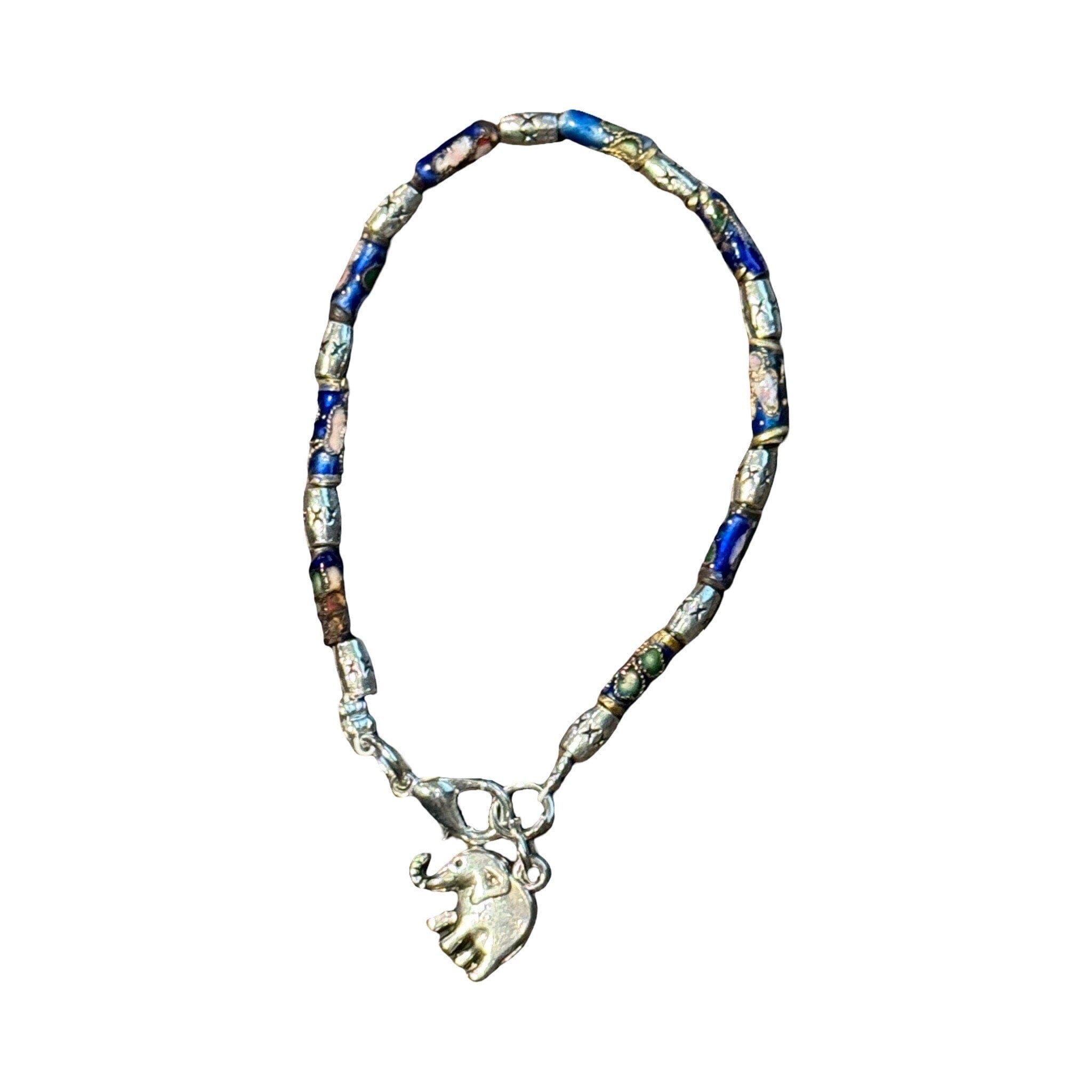 Sterling Silver and Hand Painted Beaded Bracelet with Elephant Charm Bracelet Baanpueng Handmade Shop Blue 