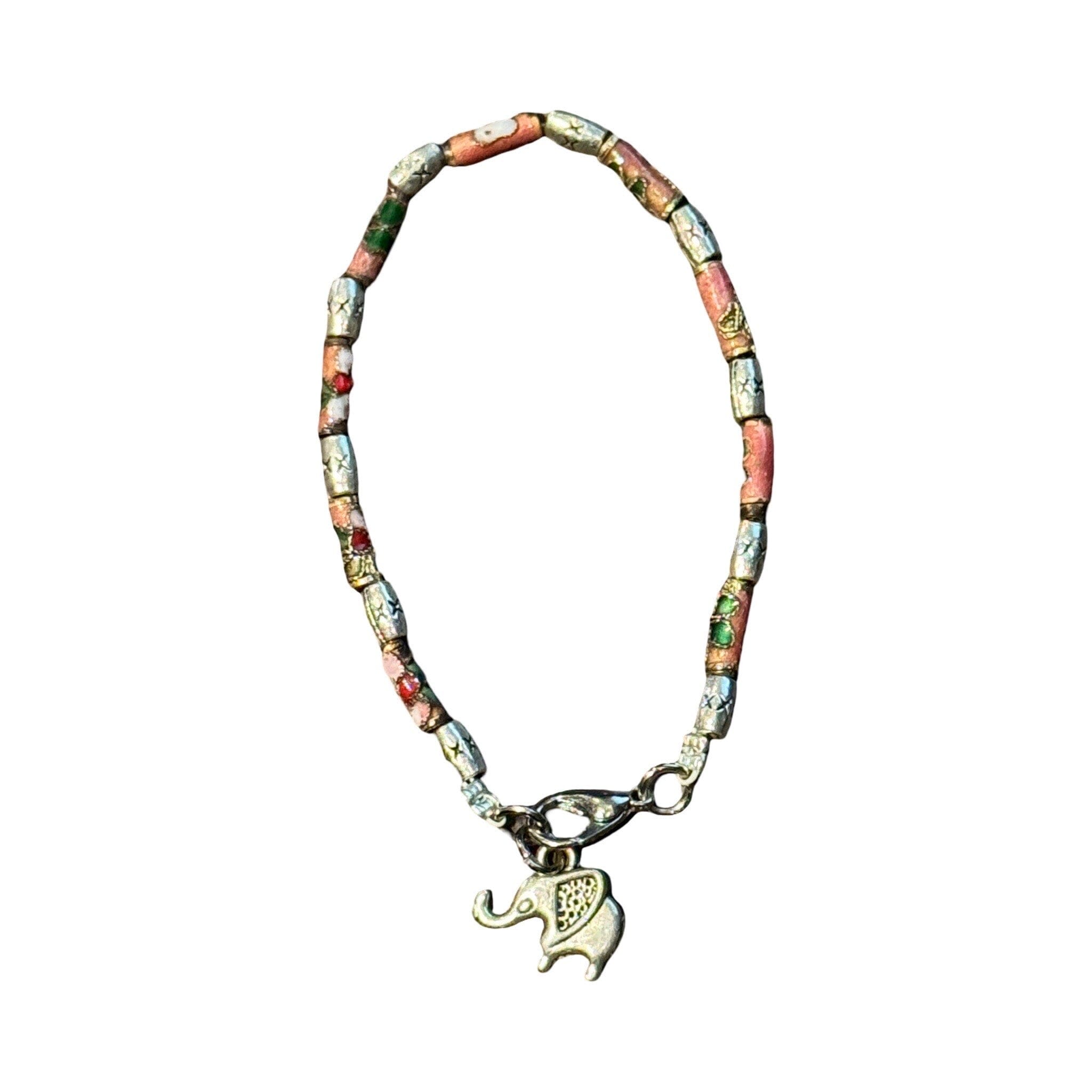 Sterling Silver and Hand Painted Beaded Bracelet with Elephant Charm Bracelet Baanpueng Handmade Shop Pink 