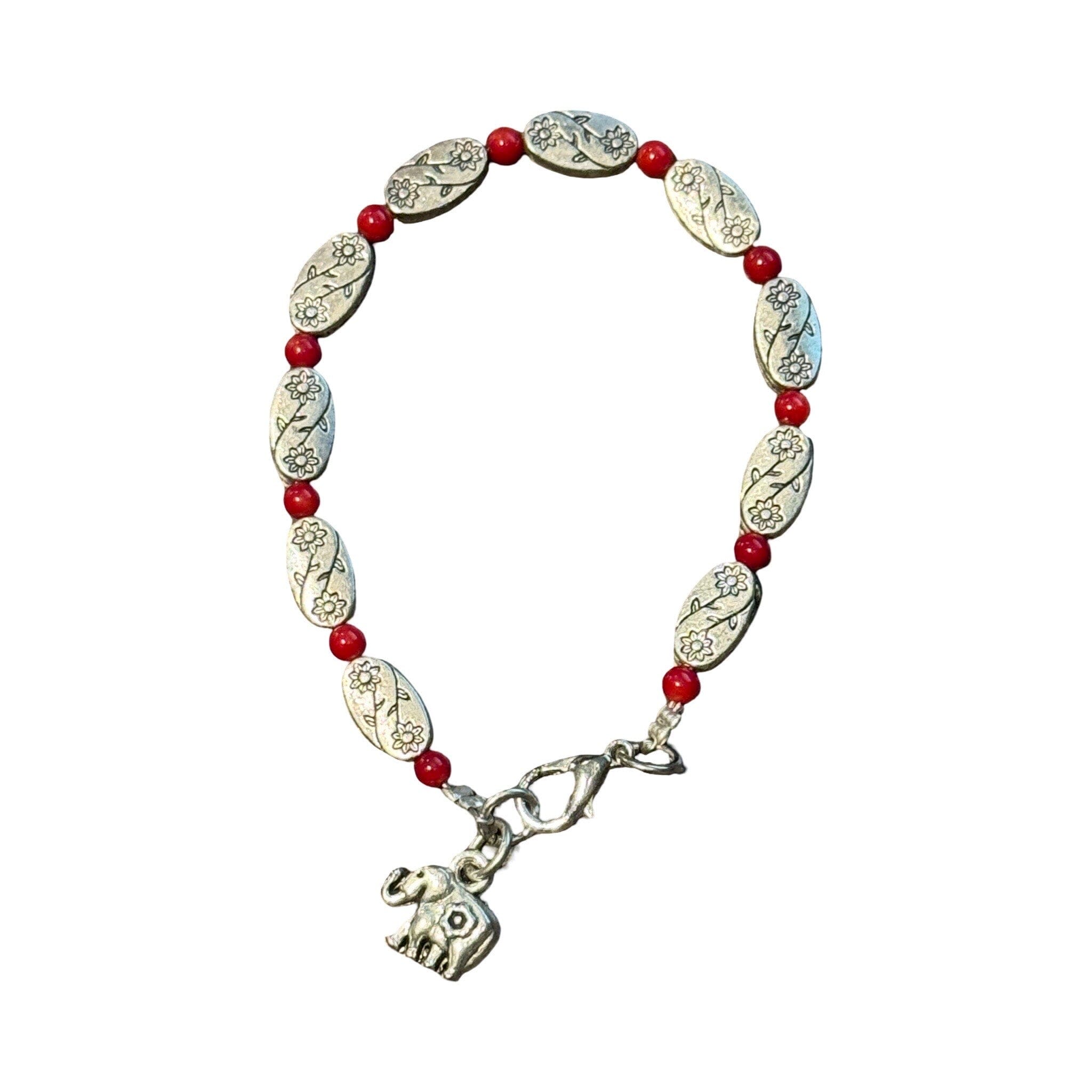 Sterling Silver and Hand Painted Beaded Bracelet with Elephant Charm Bracelet Baanpueng Handmade Shop Red B 