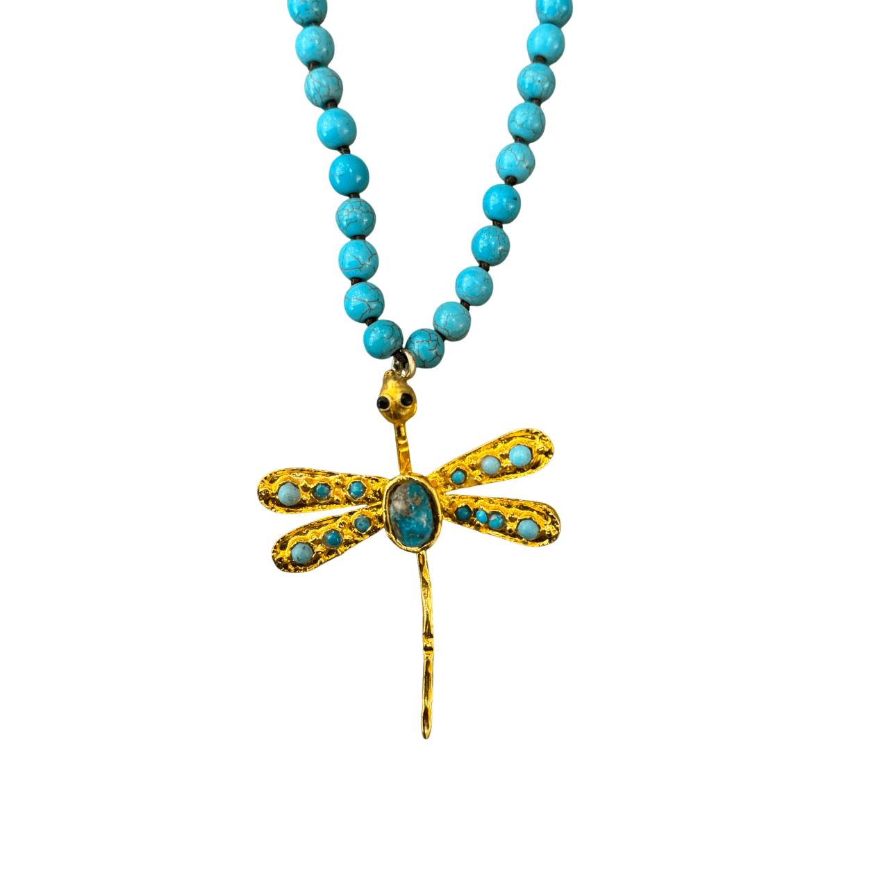 Turquoise Beaded Necklace with Gold and Turquoise Dragonfly Pendant Necklace Eyup Gunduz 