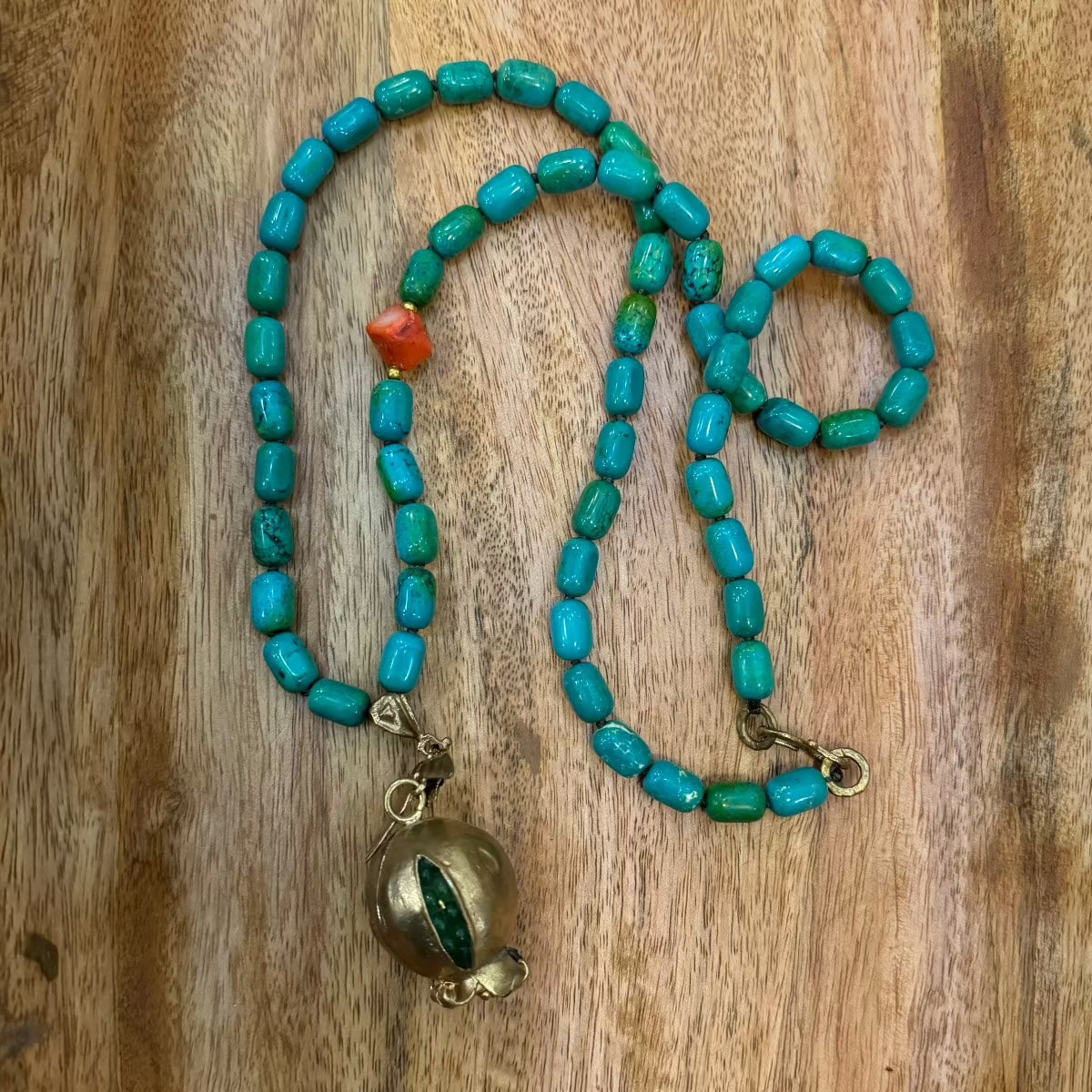 Turquoise Beaded Necklace with Pomegranate Pendant Necklace Eyup Gunduz 