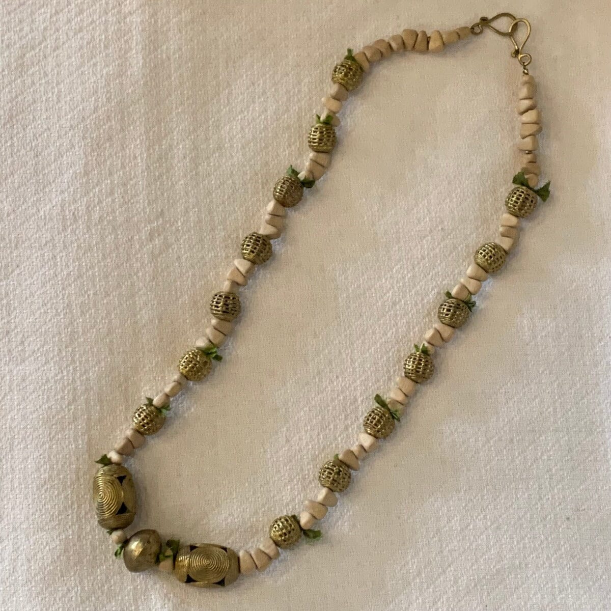 Vintage African Brass and Wooden Beaded Necklace with Green Cloth Spacers Necklace B. Viz Design 