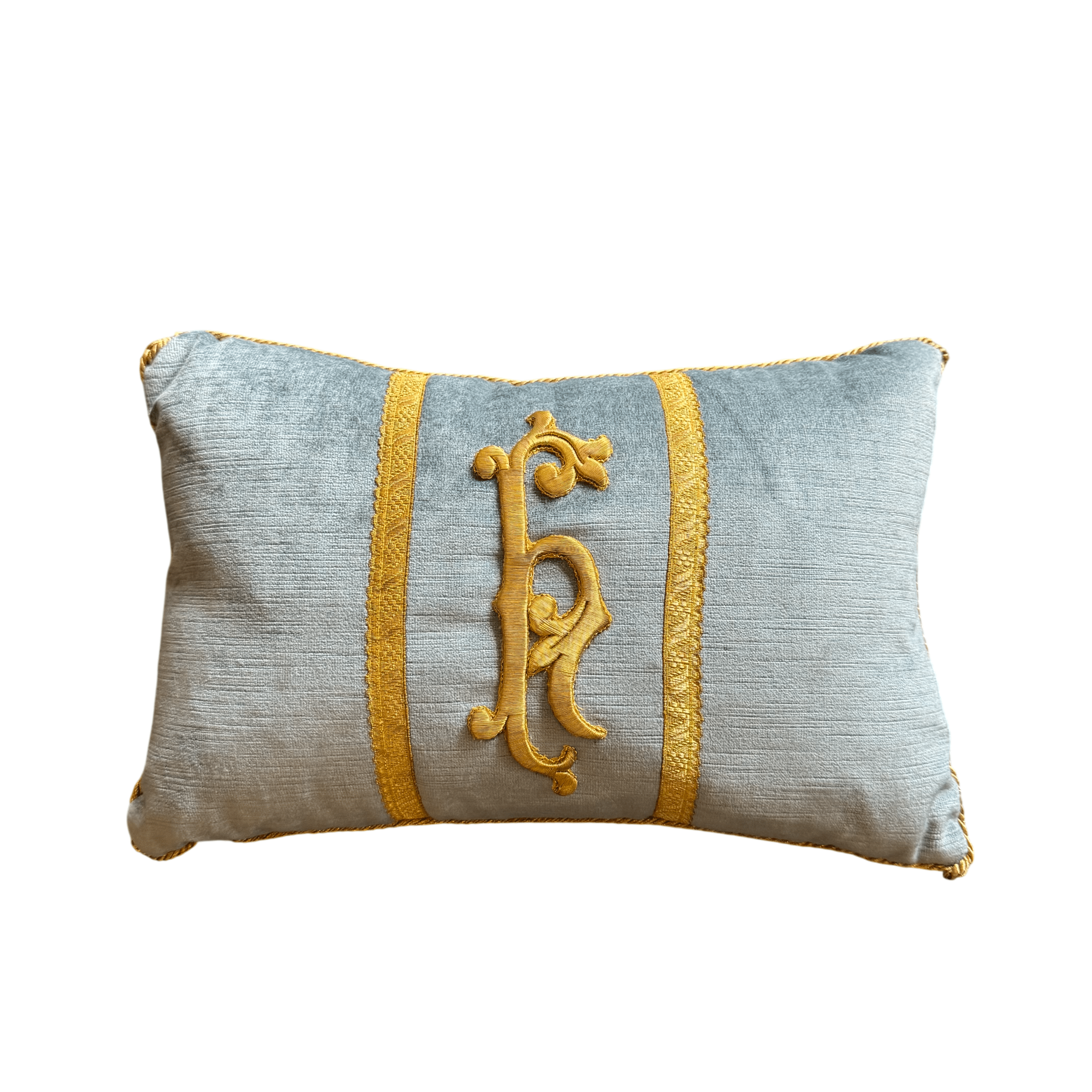 Vintage Gold Metallic Appliqué "H" Initial Pillow (#A071425 | 10 x 15") Custom Pillows B. Viz Design 