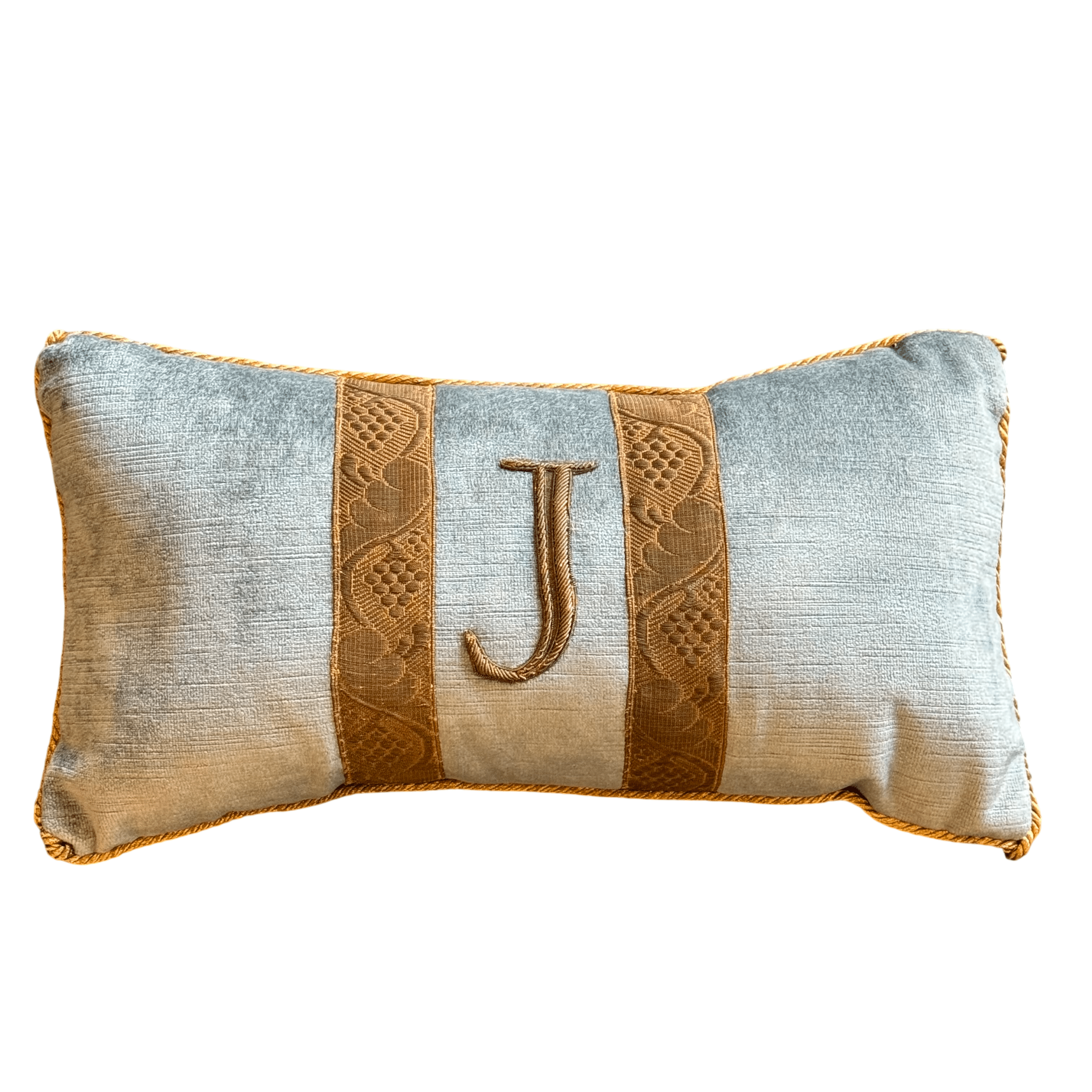 Vintage Gold Metallic Appliqué "J" Initial Pillow (#A071325 | 7 1/2 x 15") Custom Pillows B. Viz Design 