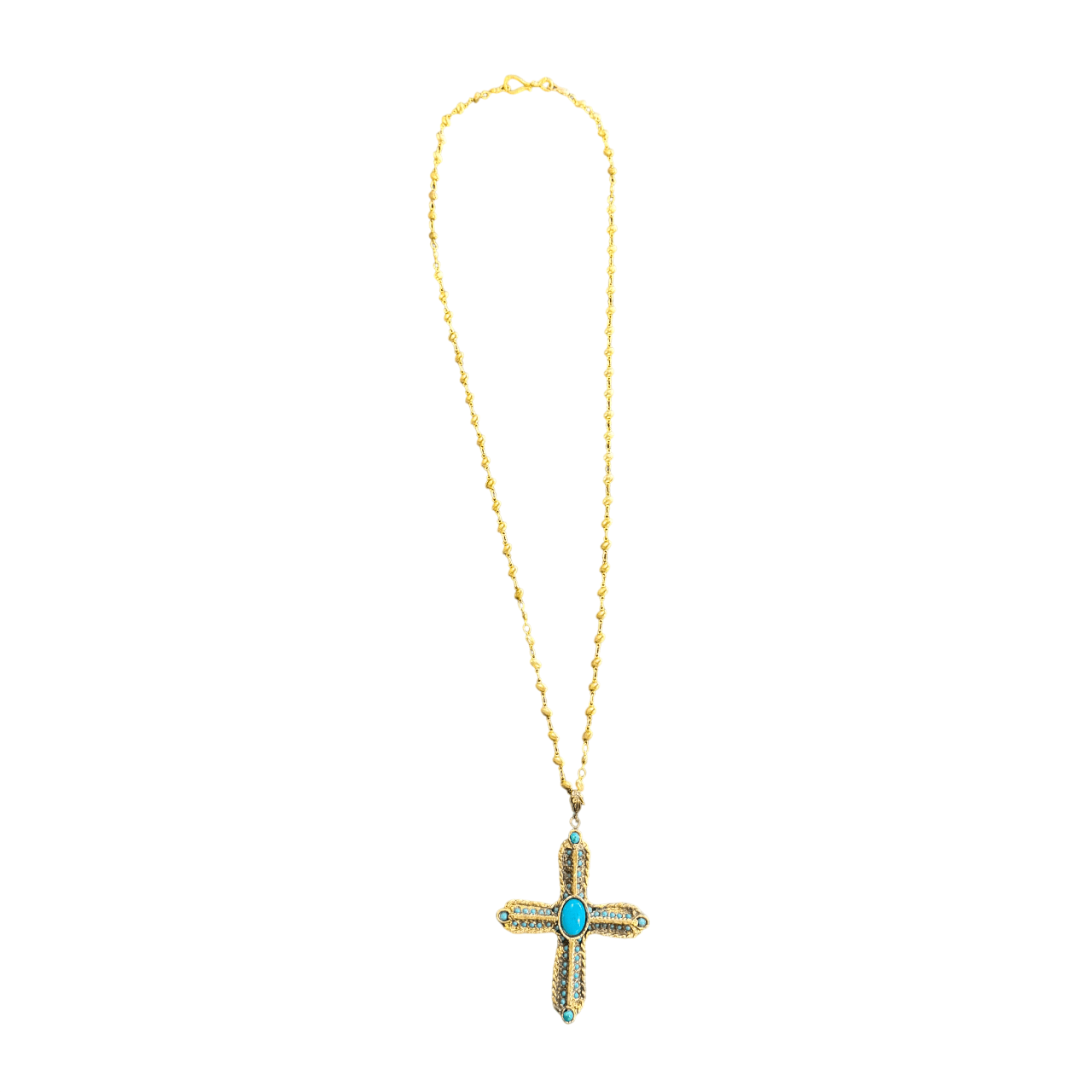 Vintage-Inspired Gold and Turquoise Cross Pendant on Gold Chain Necklace Eyup Gunduz 