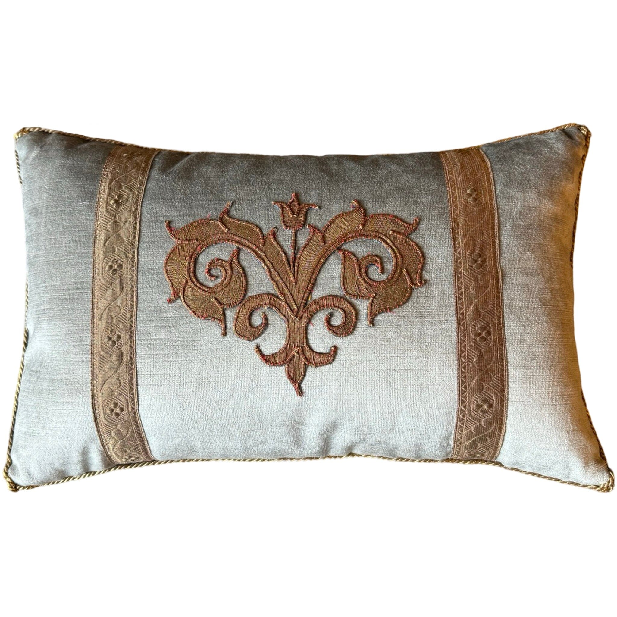 Vintage Turkish Gold Metallic Embroidery on Silver Velvet (#A100624 A&B | 18 x 11 1/4") Pillow Pair B. Viz Design 