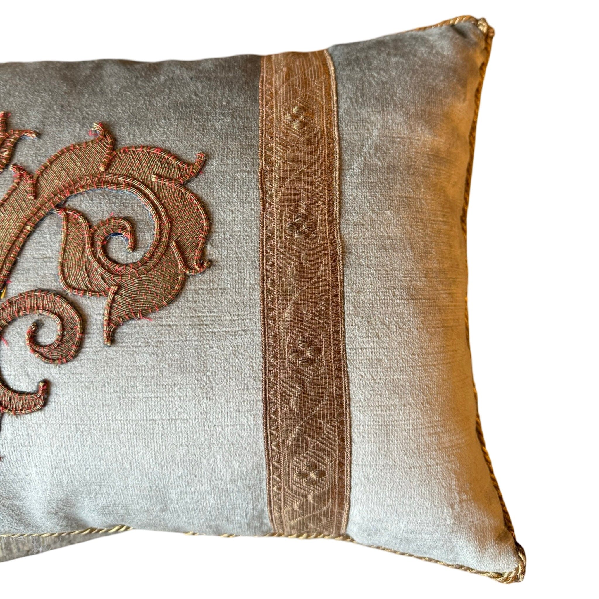 Vintage Turkish Gold Metallic Embroidery on Silver Velvet (#A100624 A&B | 18 x 11 1/4") Pillow Pair B. Viz Design 