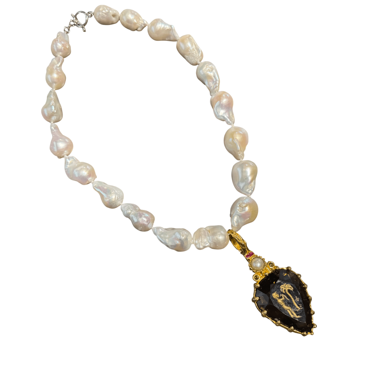 White Baroque Pearl Necklace with Large Jeweled Pendant Necklace Eyup Gunduz 