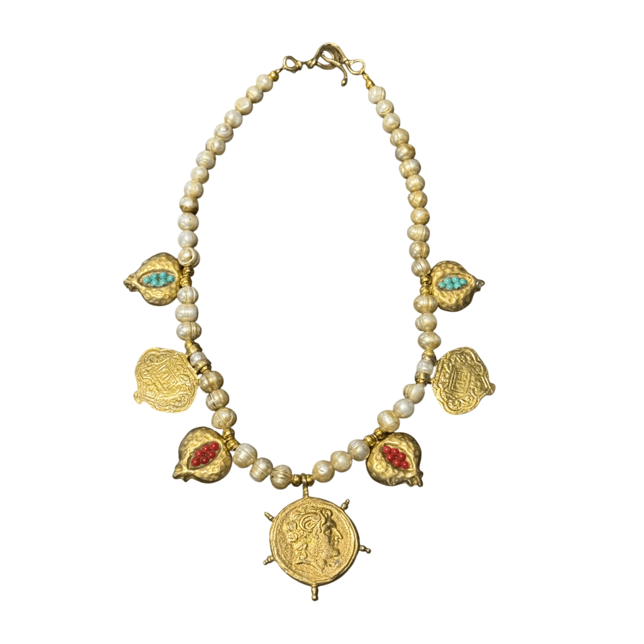 White Freshwater Pearl Necklace with Coin-Type Pomegranate Pendants Necklace Eyup Gunduz 