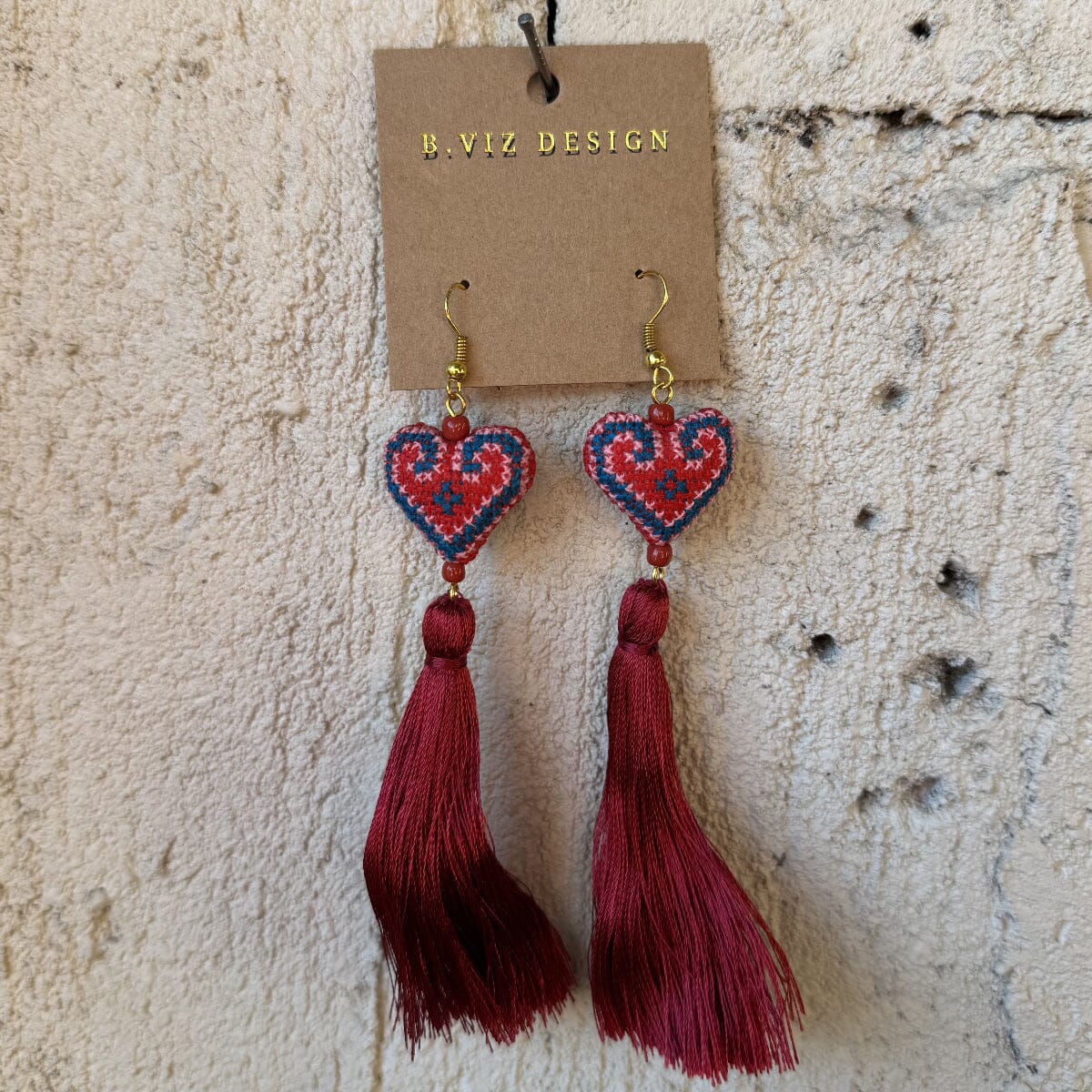 Woven Stuffed Heart Shaped Earrings with Tassel from Laos Earrings ClayCut Laos Earring B 