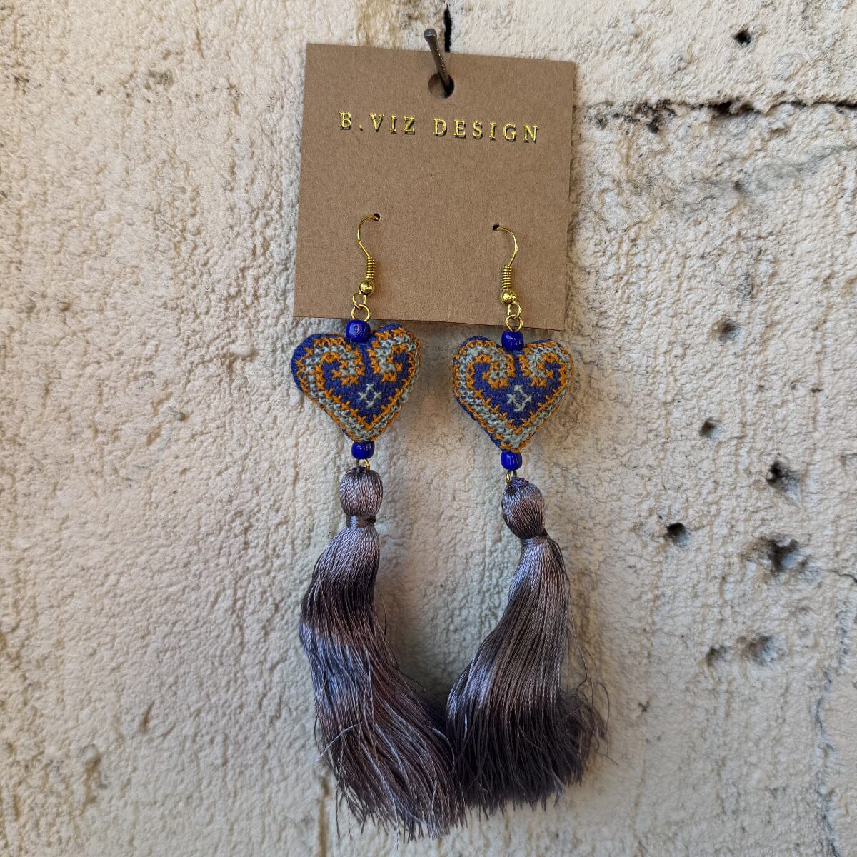 Woven Stuffed Heart Shaped Earrings with Tassel from Laos Earrings ClayCut Laos Earring C 