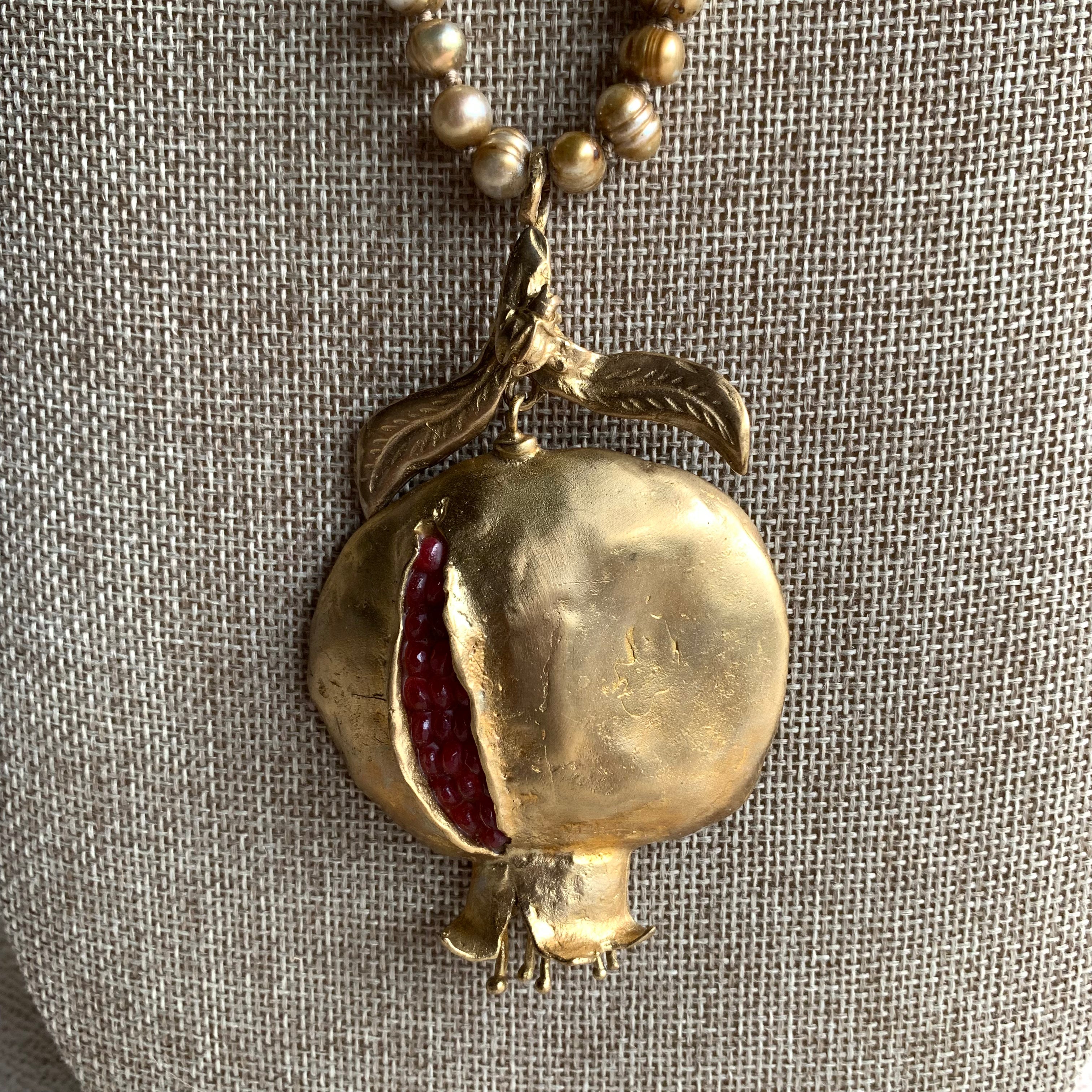 Antiqued Pearl Necklace with Pomegranate Pendant Necklace Tribal Tent 