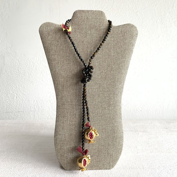 Earth-Toned Beaded Lariat Necklace with Pomegranate Pendants