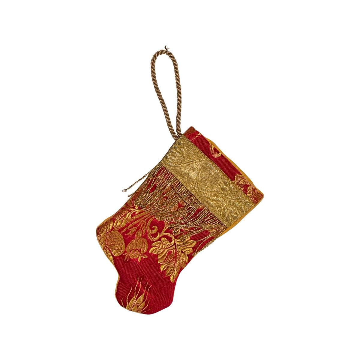 Handmade Mini Stocking from Antique Textiles - Red / Burgundy, Gold